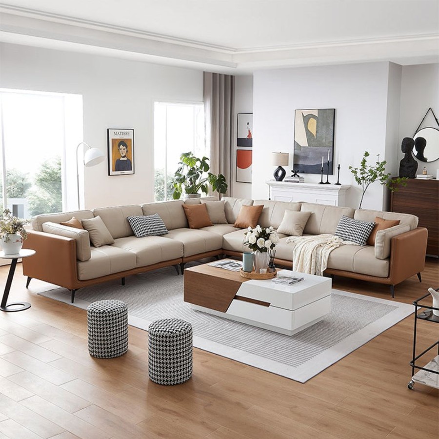 Living Room 25home | All-Leather Corner Sectional Beige