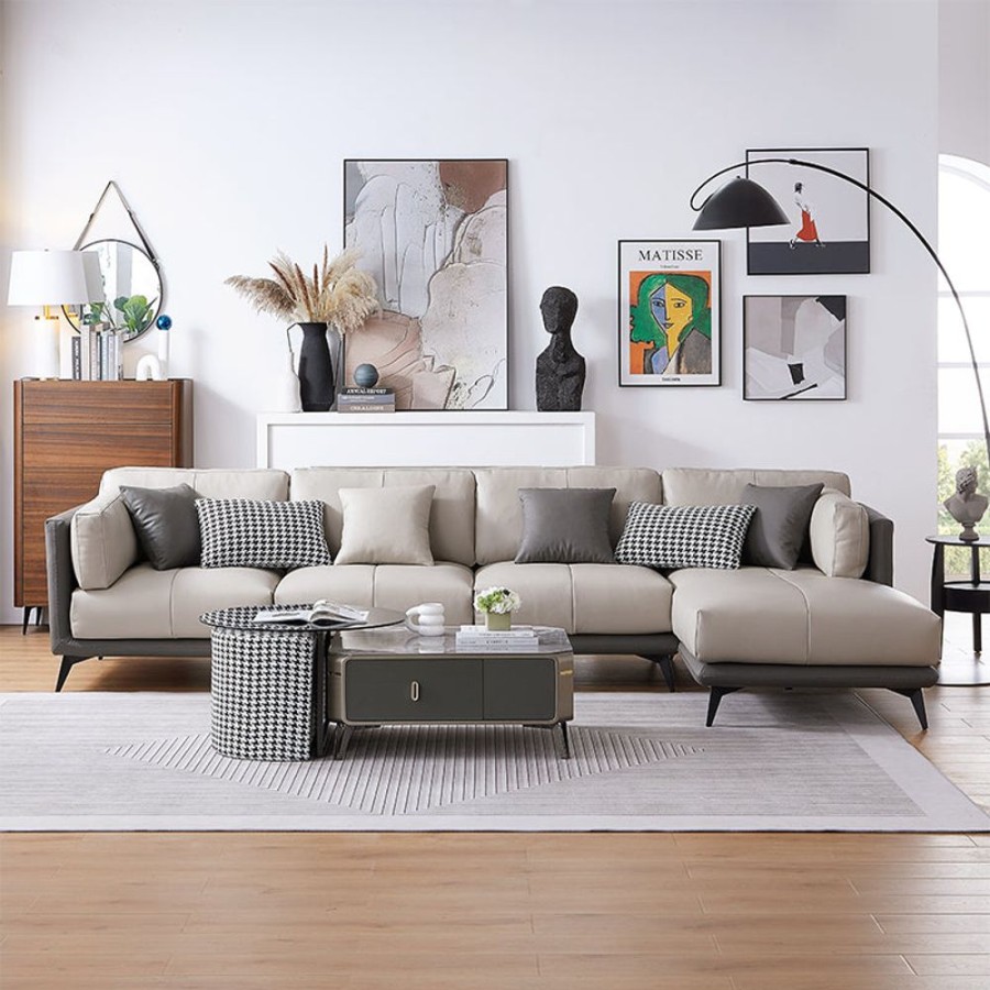 Living Room 25home | Grey All-Leather Sectional Gray