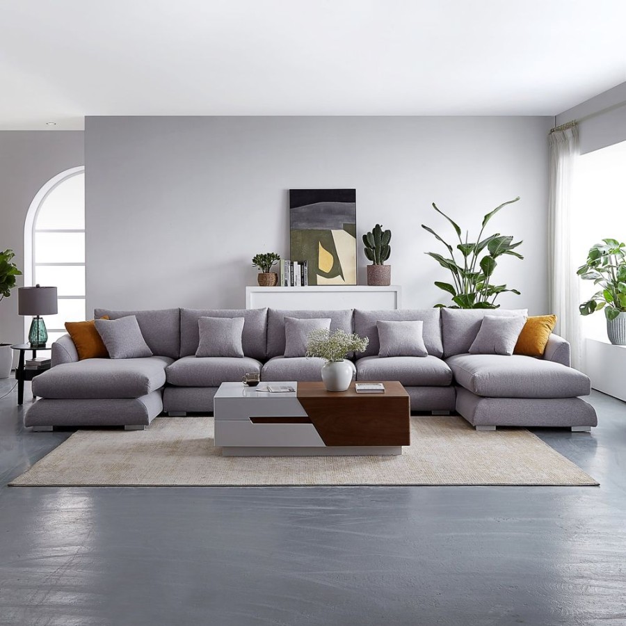 Living Room 25Home | Aalto Boutique Feathers Double Chaise Sectional Light Grey