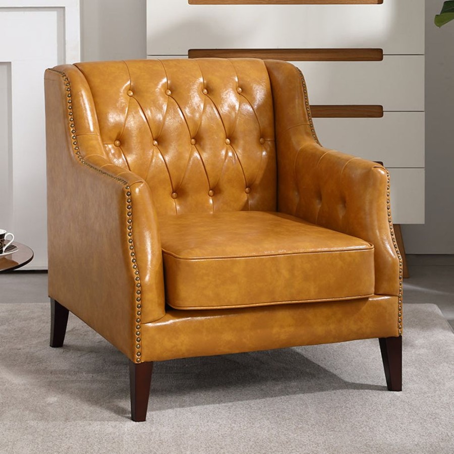 Living Room 25Home | Salo Leather Tufted Armchair Orange