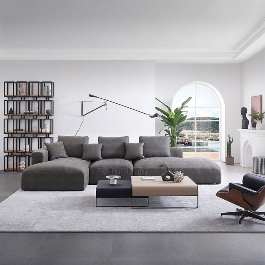 Living Room 25Home | Air Leather Industrial Sectional With Lounger Gray