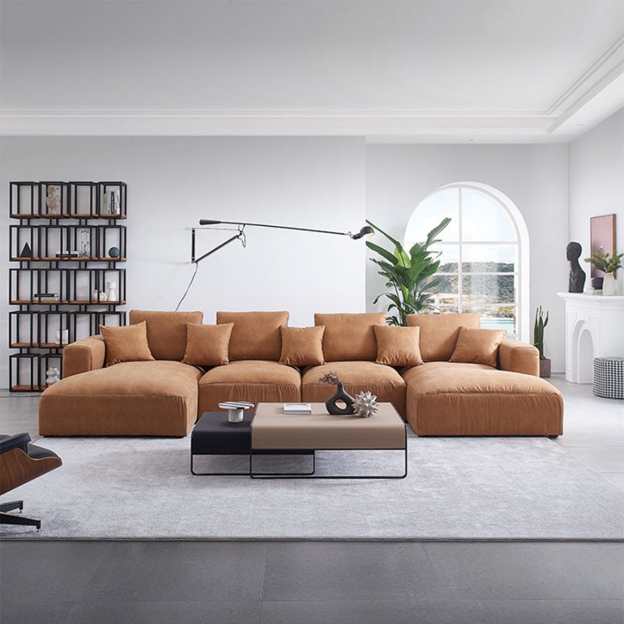 Living Room 25home | Salo Antique Industrial Air Leather Double Chaise Sectional Camel