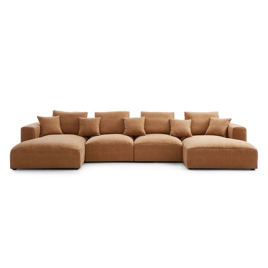 Living Room 25home | Salo Antique Industrial Air Leather Double Chaise Sectional Camel