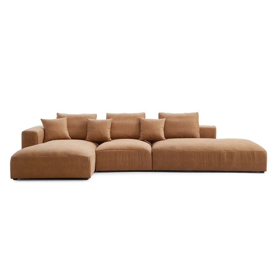 Living Room 25home | Salo Antique Industrial Air Leather Open Sectional Double Lounger Camel