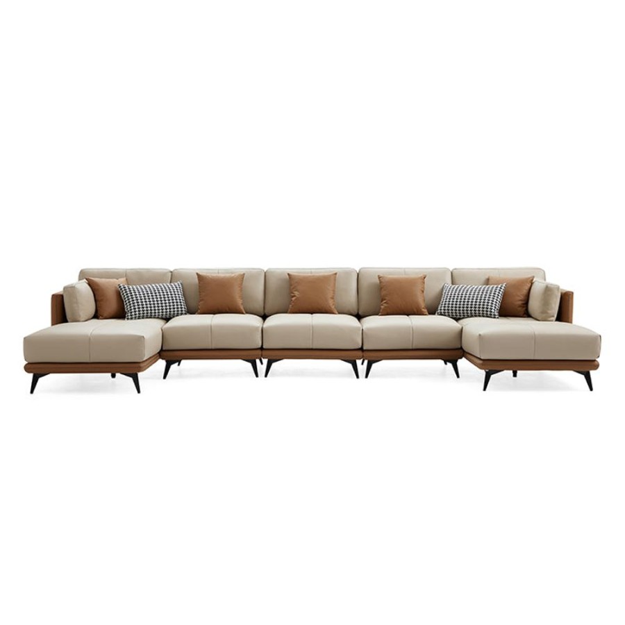 Living Room 25home | All-Leather U-Sectional Beige