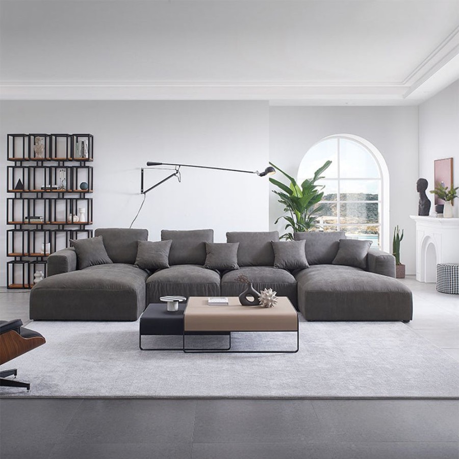 Living Room 25home | Air Leather Industrial U-Sectional Gray