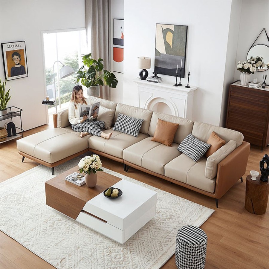 Living Room 25home | All-Leather Sectional Beige